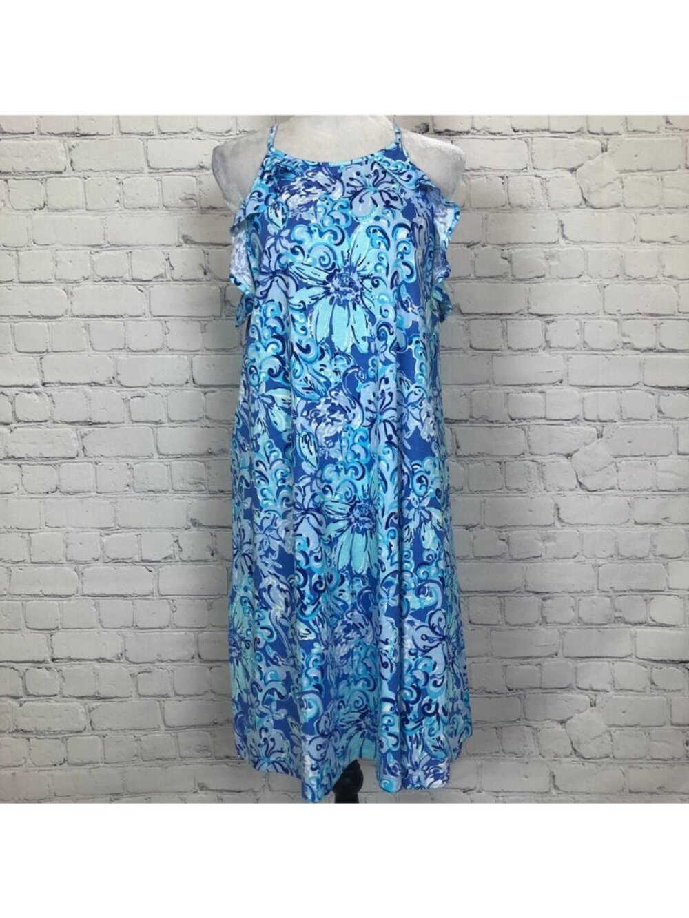 Lilly Pulitzer Billie Ruffle Dress Size L Saltwater Blue Suns Out Funs Out